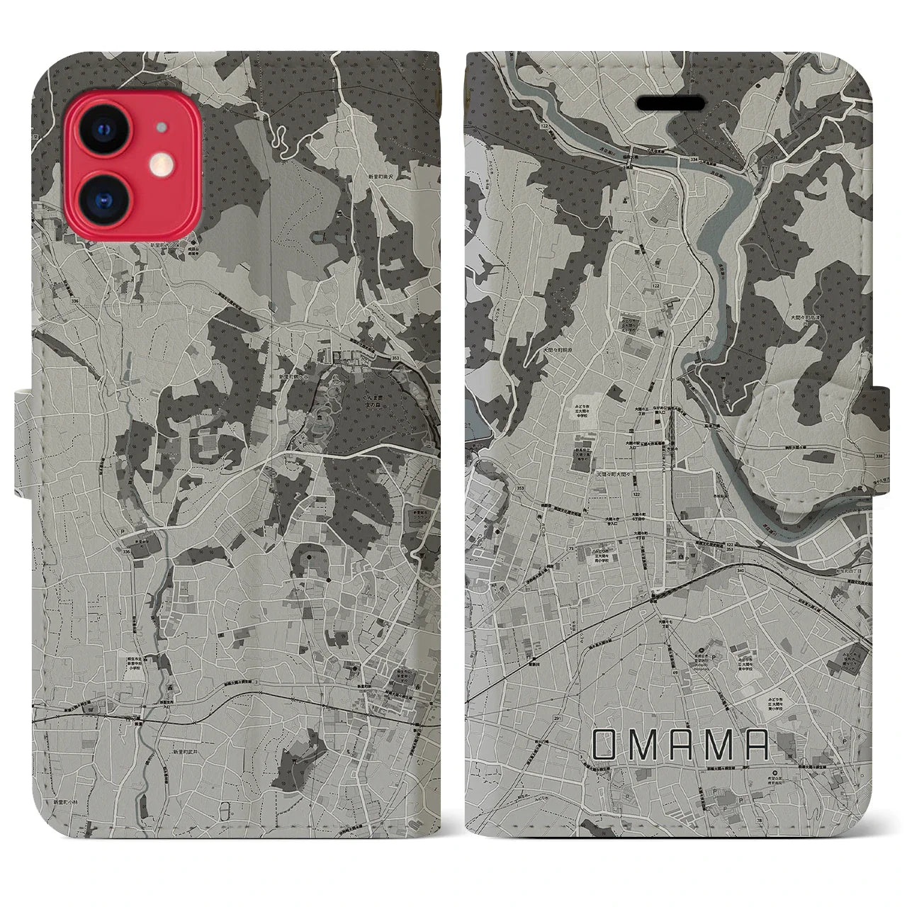 【大間々(群馬県)】地図柄iPhoneケース(手帳タイプ)モノトーン・iPhone 11 用