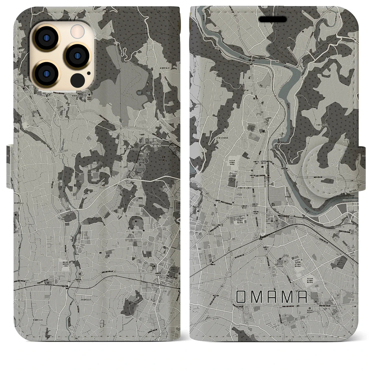 【大間々(群馬県)】地図柄iPhoneケース(手帳タイプ)モノトーン・iPhone 12 Pro Max 用