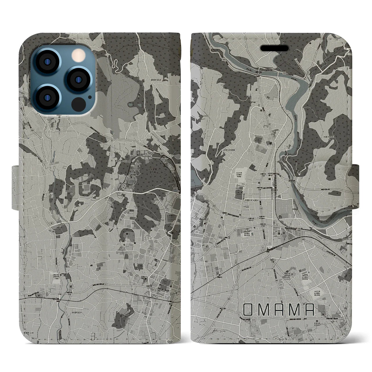 【大間々(群馬県)】地図柄iPhoneケース(手帳タイプ)モノトーン・iPhone 12 / 12 Pro 用