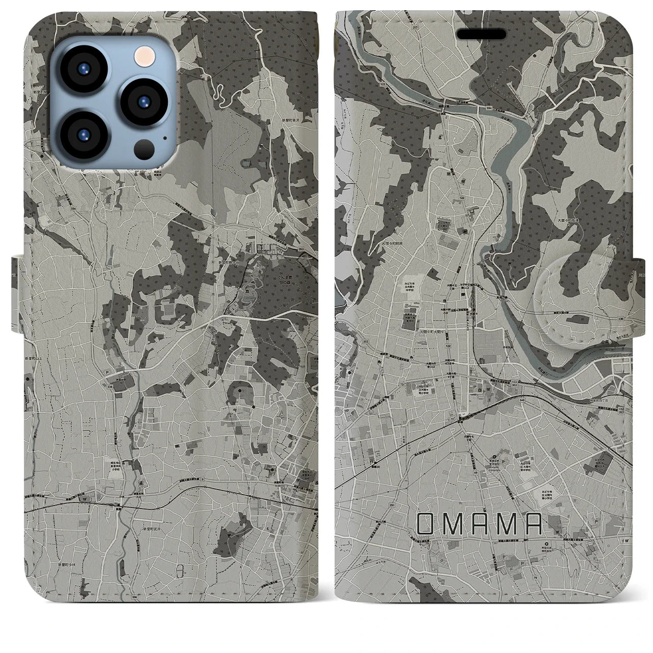 【大間々(群馬県)】地図柄iPhoneケース(手帳タイプ)モノトーン・iPhone 13 Pro Max 用