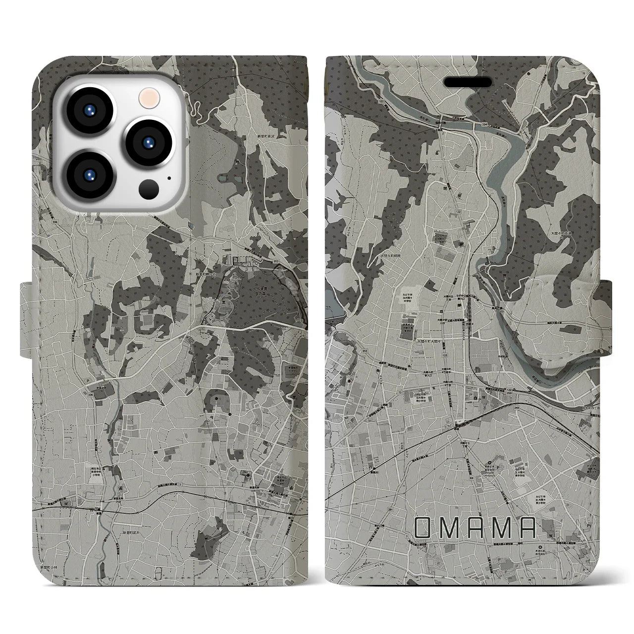 【大間々(群馬県)】地図柄iPhoneケース(手帳タイプ)モノトーン・iPhone 13 Pro 用