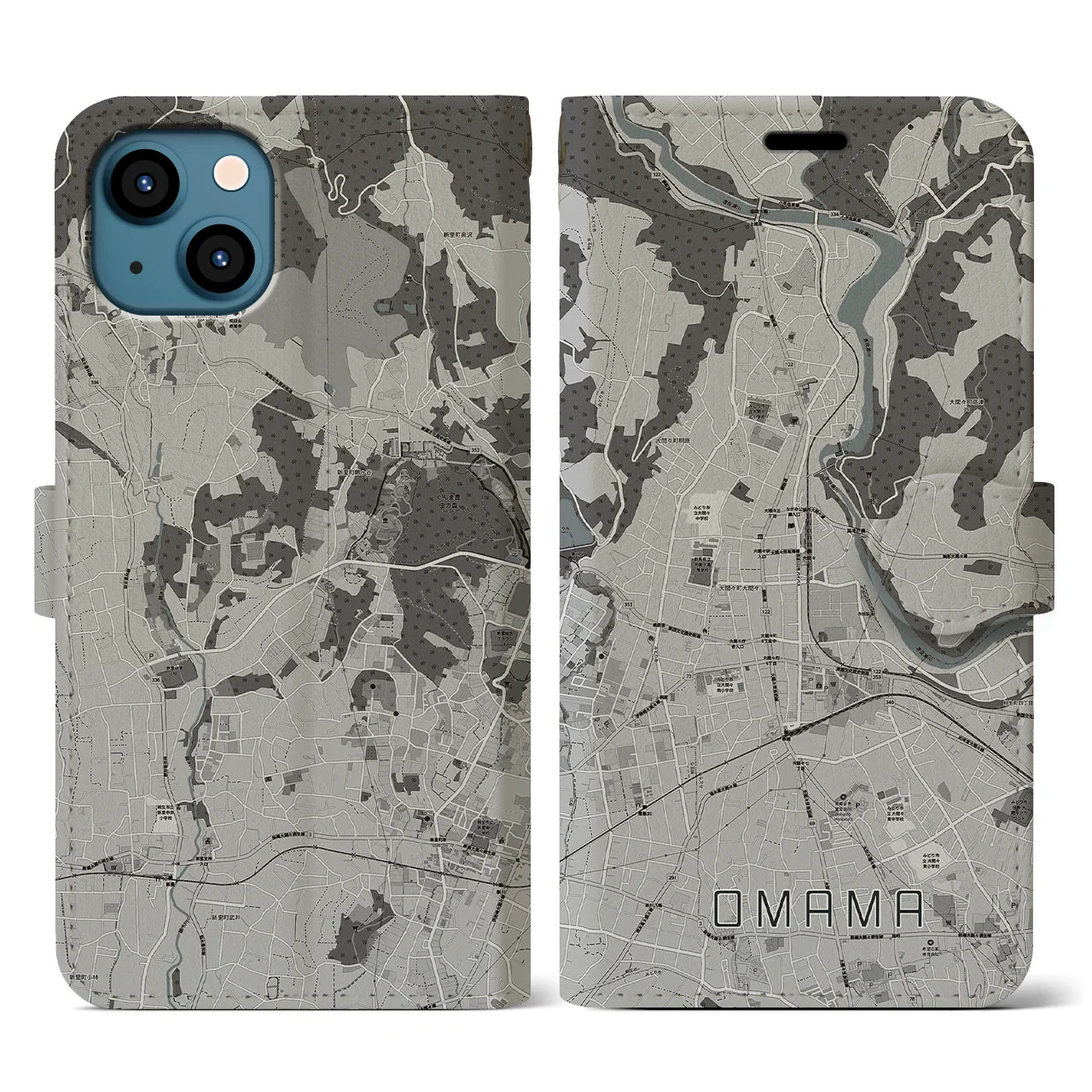 【大間々(群馬県)】地図柄iPhoneケース(手帳タイプ)モノトーン・iPhone 13 用