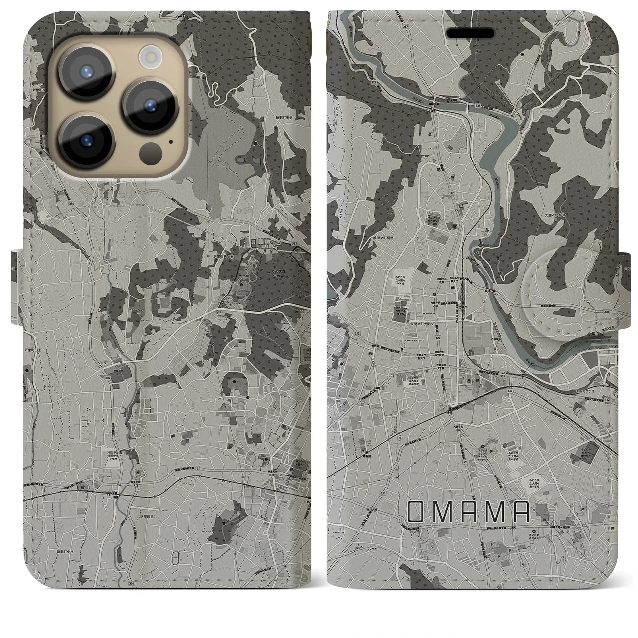 【大間々(群馬県)】地図柄iPhoneケース(手帳タイプ)モノトーン・iPhone 14 Pro Max 用
