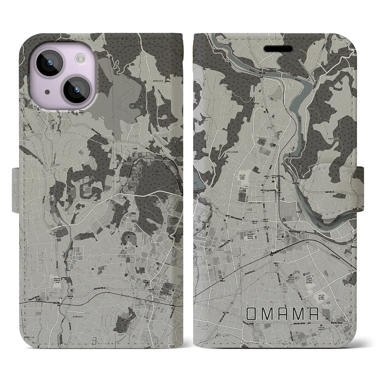 【大間々(群馬県)】地図柄iPhoneケース(手帳タイプ)モノトーン・iPhone 14 用