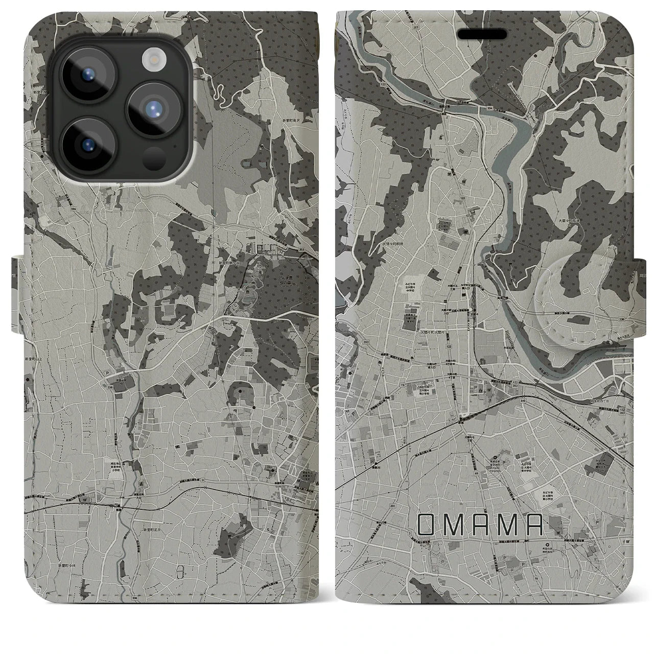 【大間々(群馬県)】地図柄iPhoneケース(手帳タイプ)モノトーン・iPhone 15 Pro Max 用