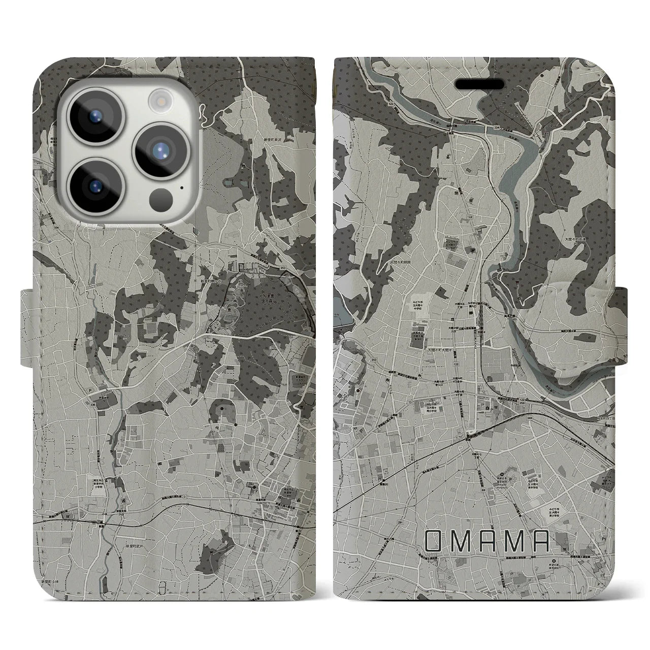 【大間々(群馬県)】地図柄iPhoneケース(手帳タイプ)モノトーン・iPhone 15 Pro 用