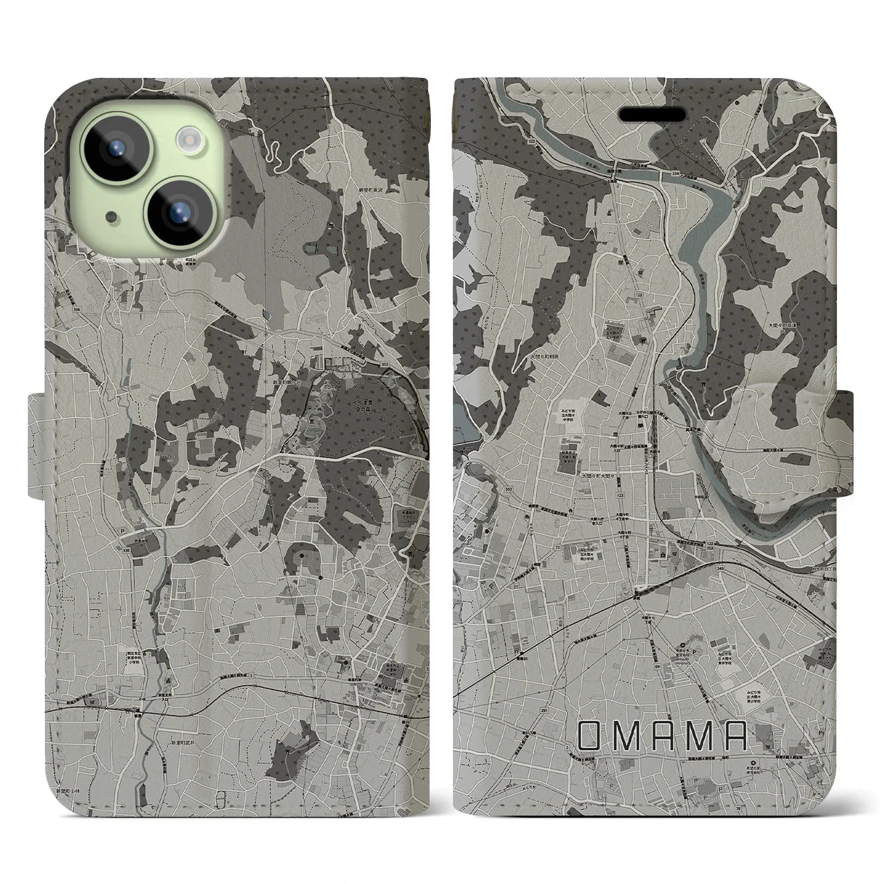【大間々(群馬県)】地図柄iPhoneケース(手帳タイプ)モノトーン・iPhone 15 用