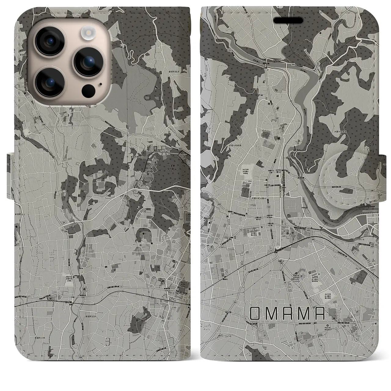 【大間々(群馬県)】地図柄iPhoneケース(手帳タイプ)モノトーン・iPhone 16 Plus 用