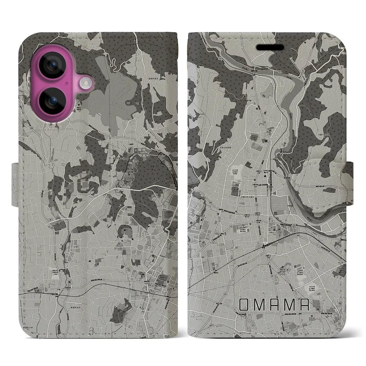 【大間々(群馬県)】地図柄iPhoneケース(手帳タイプ)モノトーン・iPhone 16 Pro 用
