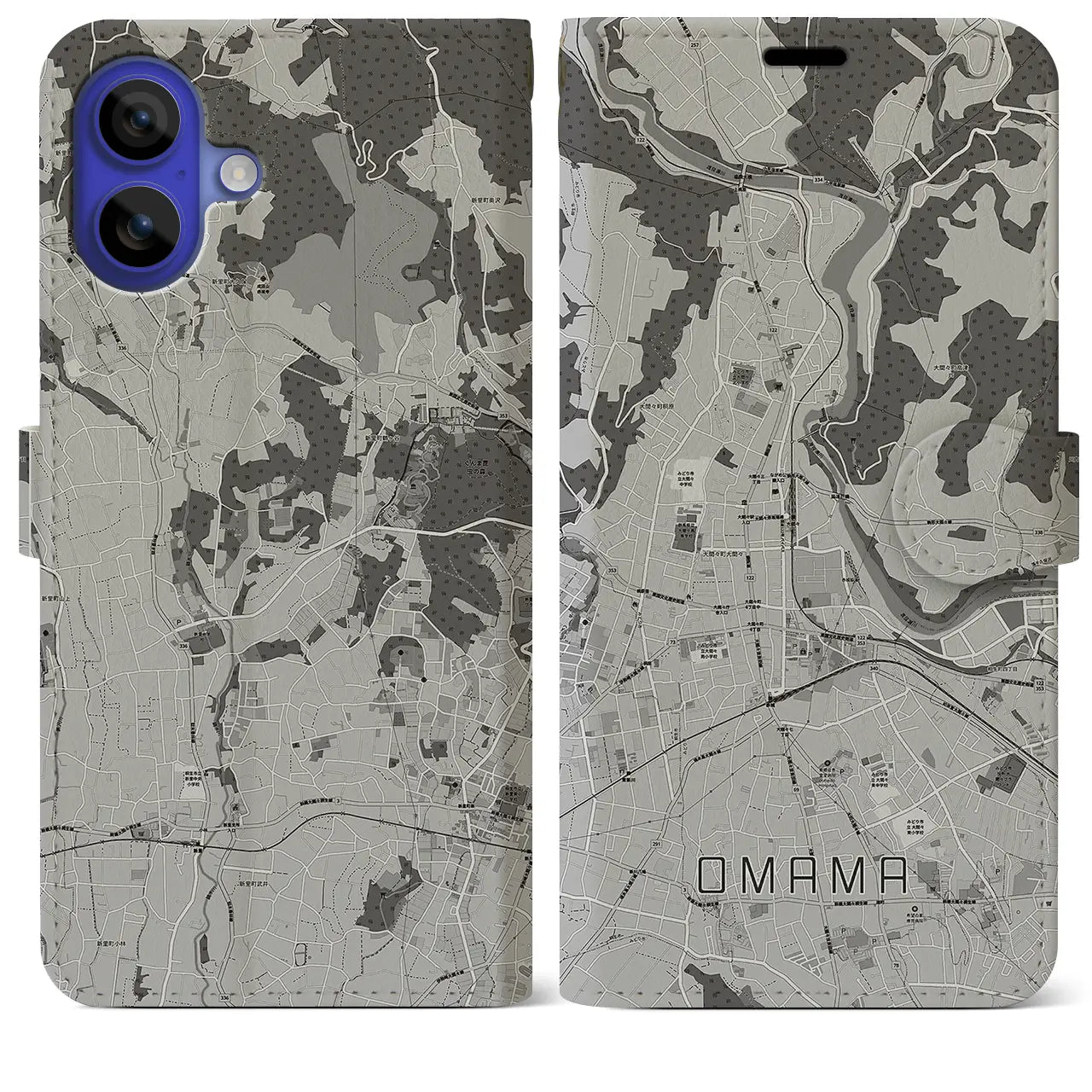 【大間々(群馬県)】地図柄iPhoneケース(手帳タイプ)モノトーン・iPhone 16 Pro Max 用