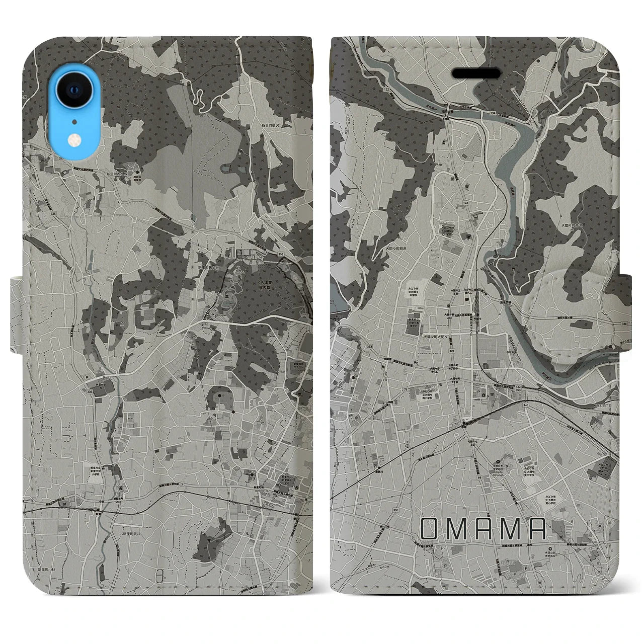 【大間々(群馬県)】地図柄iPhoneケース(手帳タイプ)モノトーン・iPhone XR 用