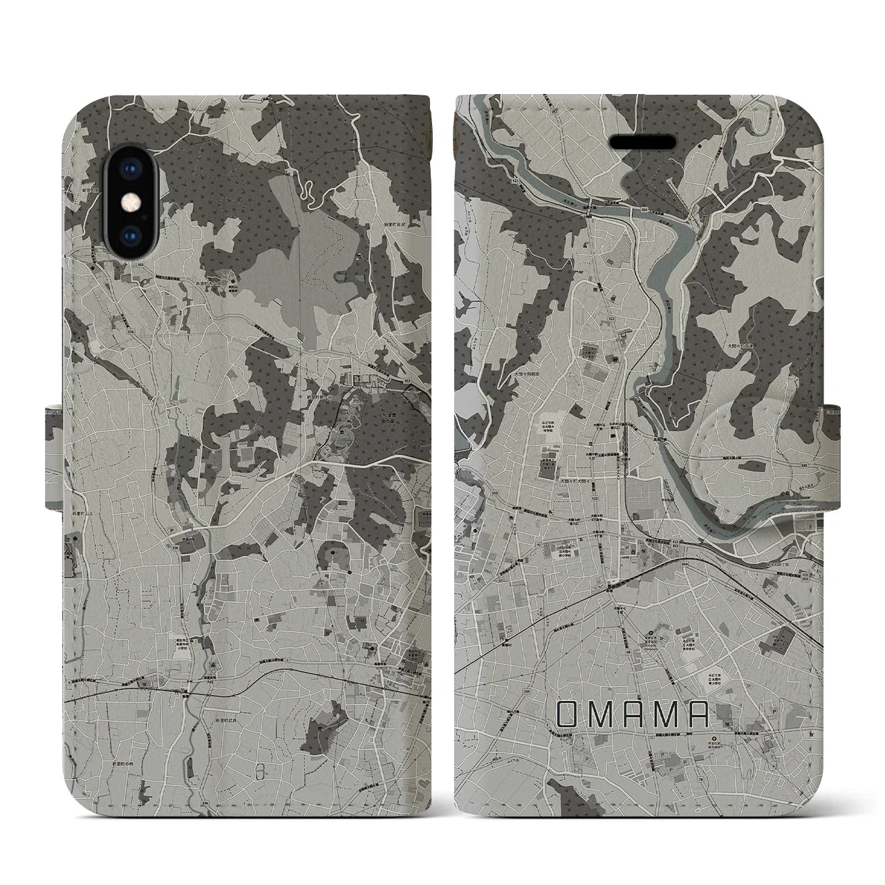 【大間々(群馬県)】地図柄iPhoneケース(手帳タイプ)モノトーン・iPhone XS / X 用