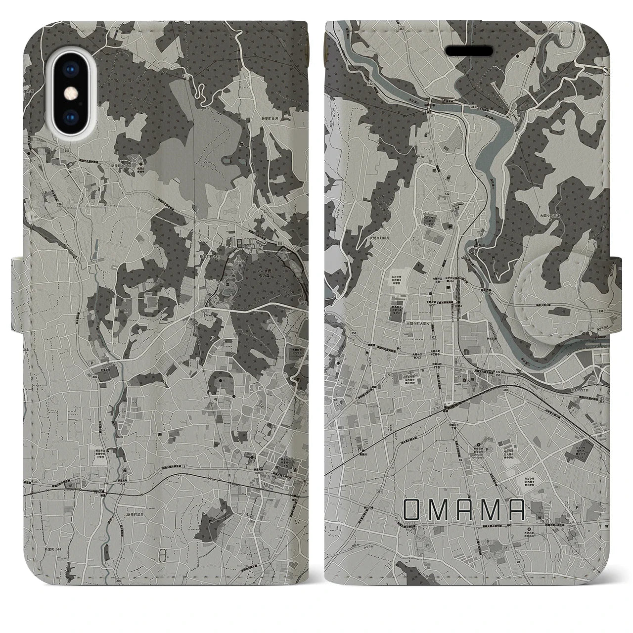 【大間々(群馬県)】地図柄iPhoneケース(手帳タイプ)モノトーン・iPhone XS Max 用