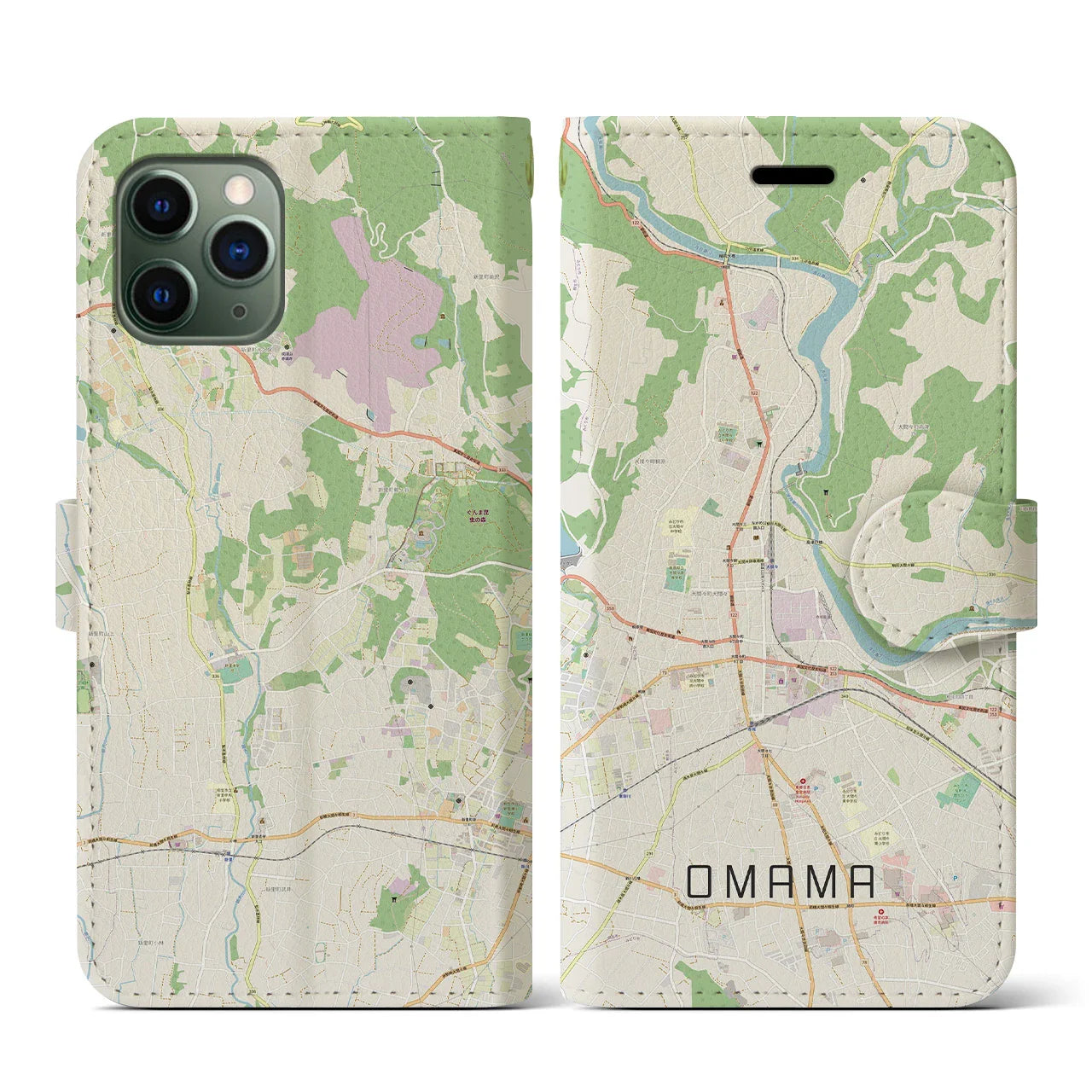 【大間々(群馬県)】地図柄iPhoneケース(手帳タイプ)ナチュラル・iPhone 11 Pro 用