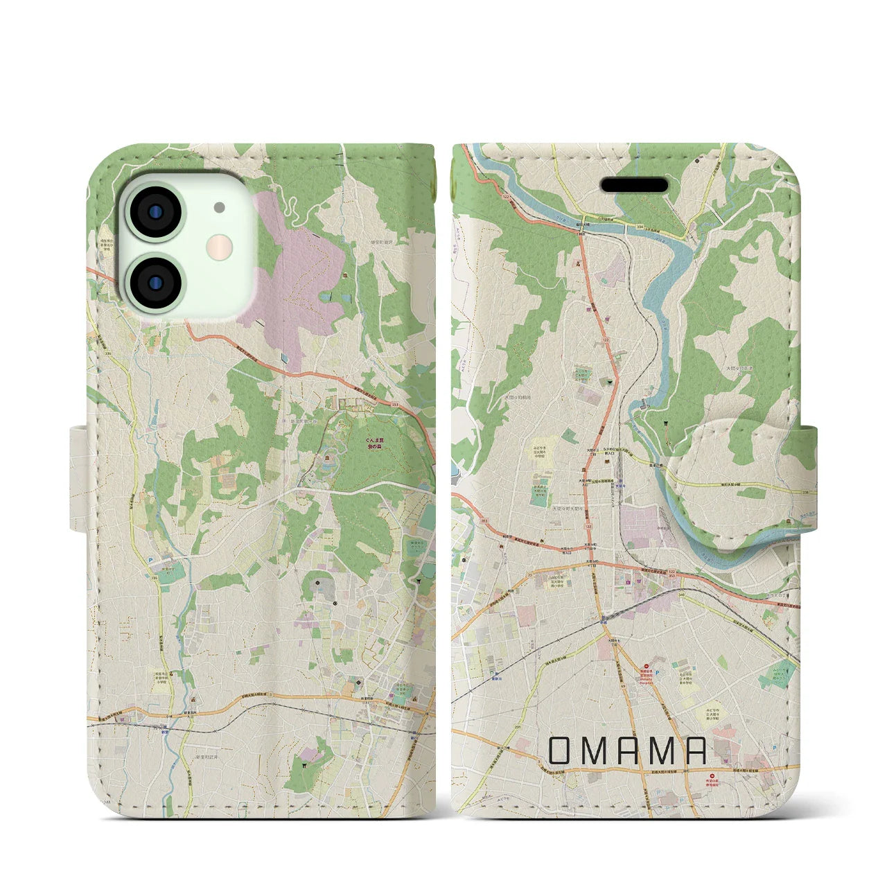 【大間々(群馬県)】地図柄iPhoneケース(手帳タイプ)ナチュラル・iPhone 12 mini 用