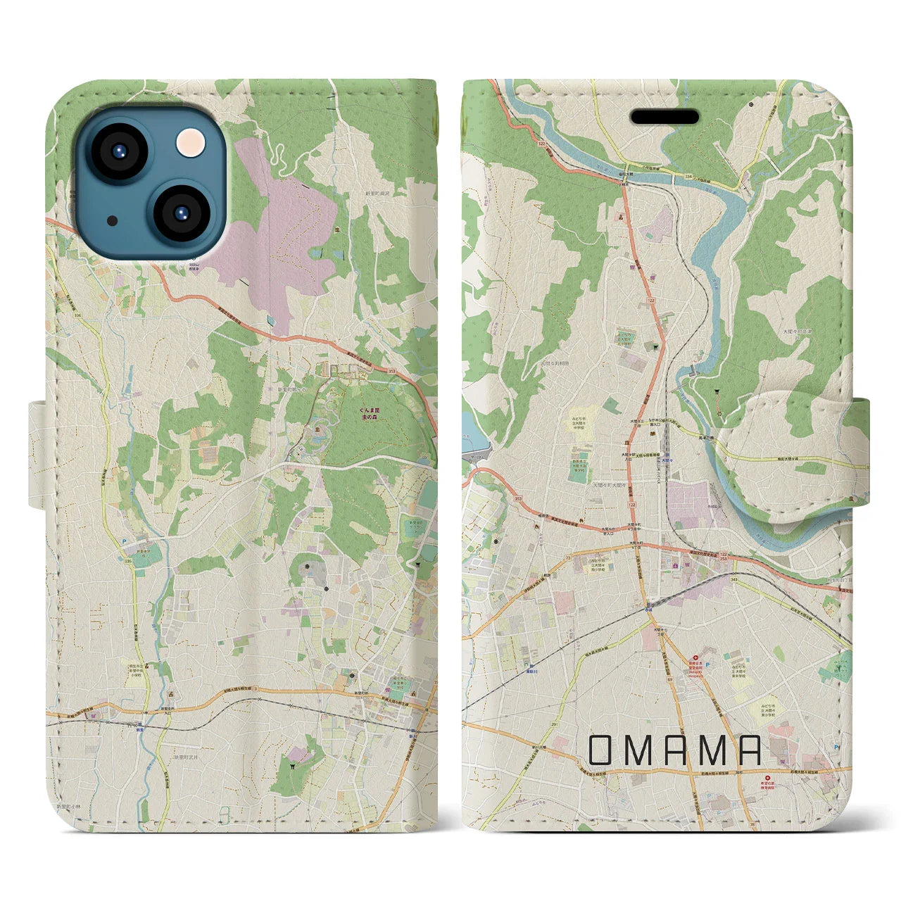 【大間々(群馬県)】地図柄iPhoneケース(手帳タイプ)ナチュラル・iPhone 13 用
