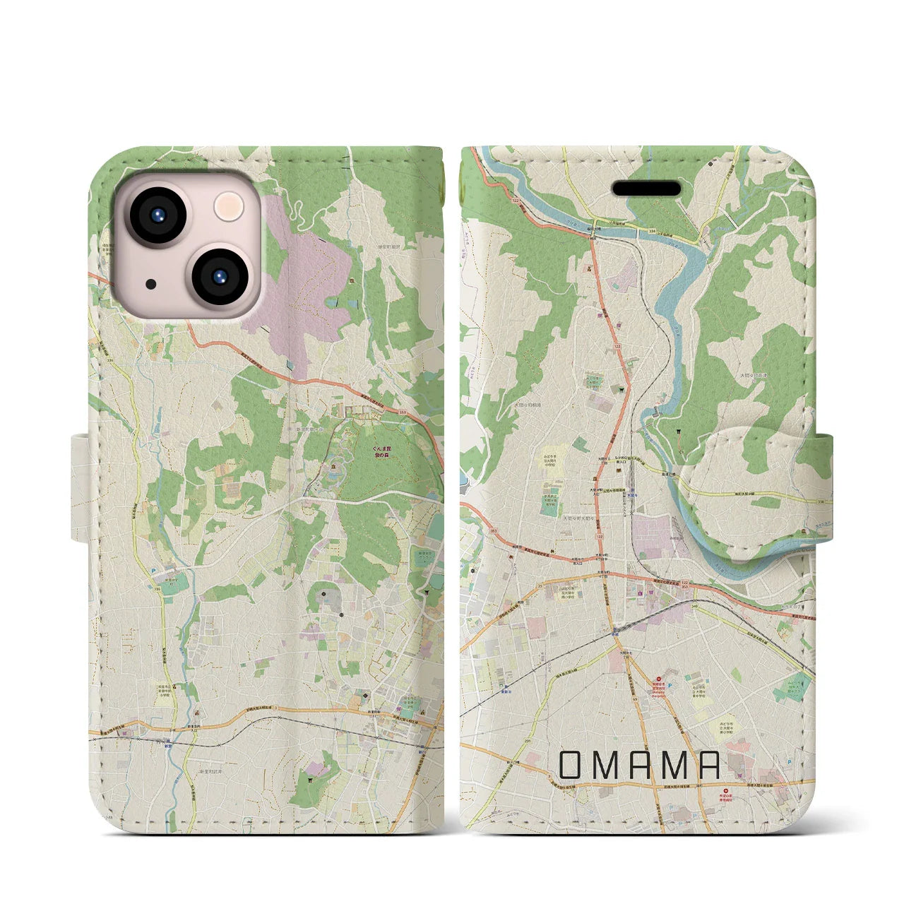 【大間々(群馬県)】地図柄iPhoneケース(手帳タイプ)ナチュラル・iPhone 13 mini 用