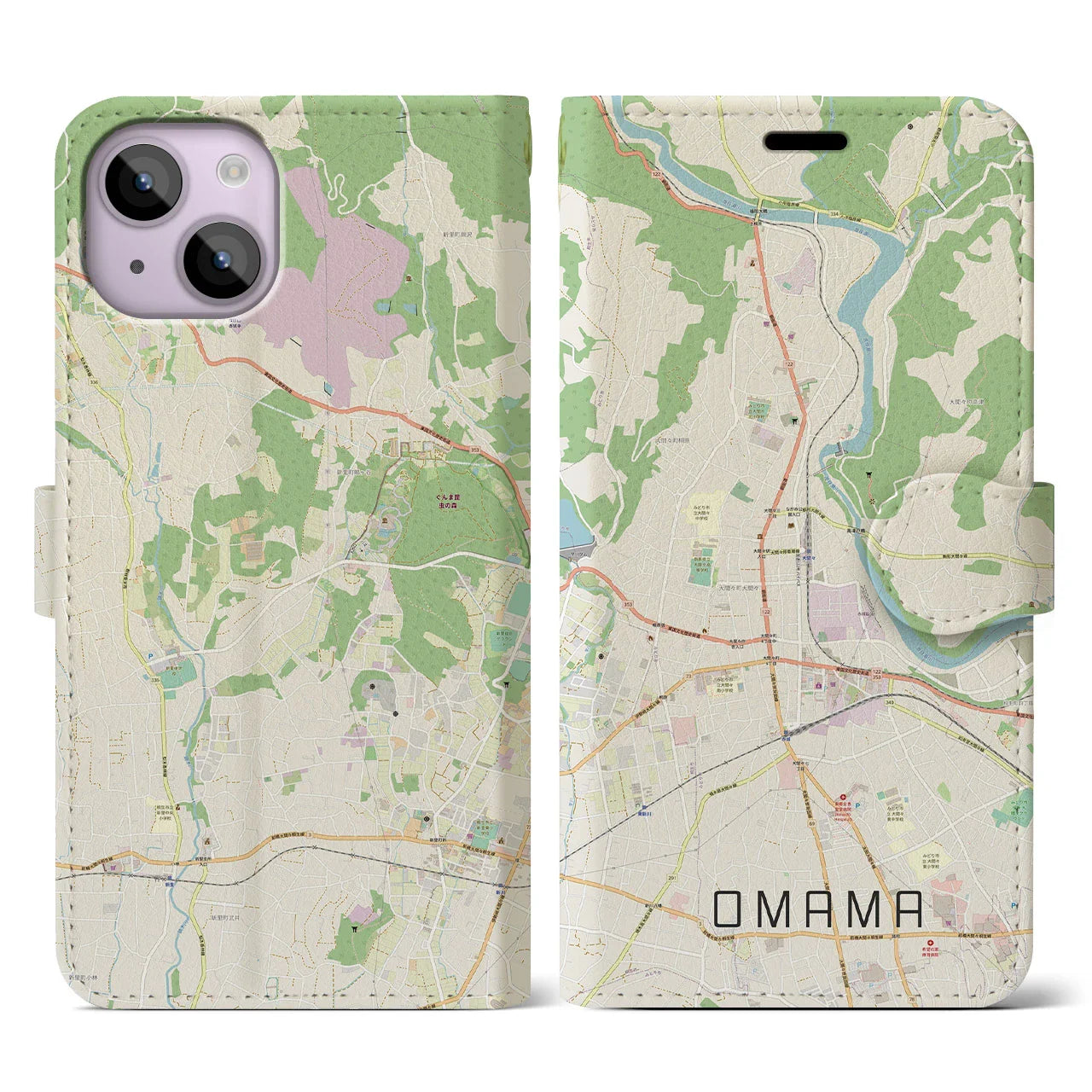 【大間々(群馬県)】地図柄iPhoneケース(手帳タイプ)ナチュラル・iPhone 14 用
