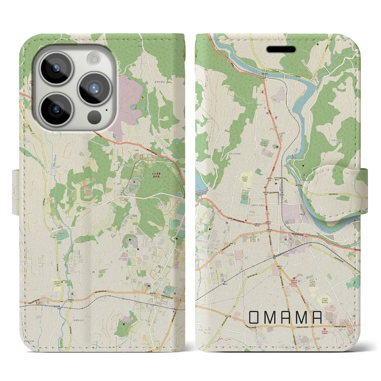 【大間々(群馬県)】地図柄iPhoneケース(手帳タイプ)ナチュラル・iPhone 15 Pro 用