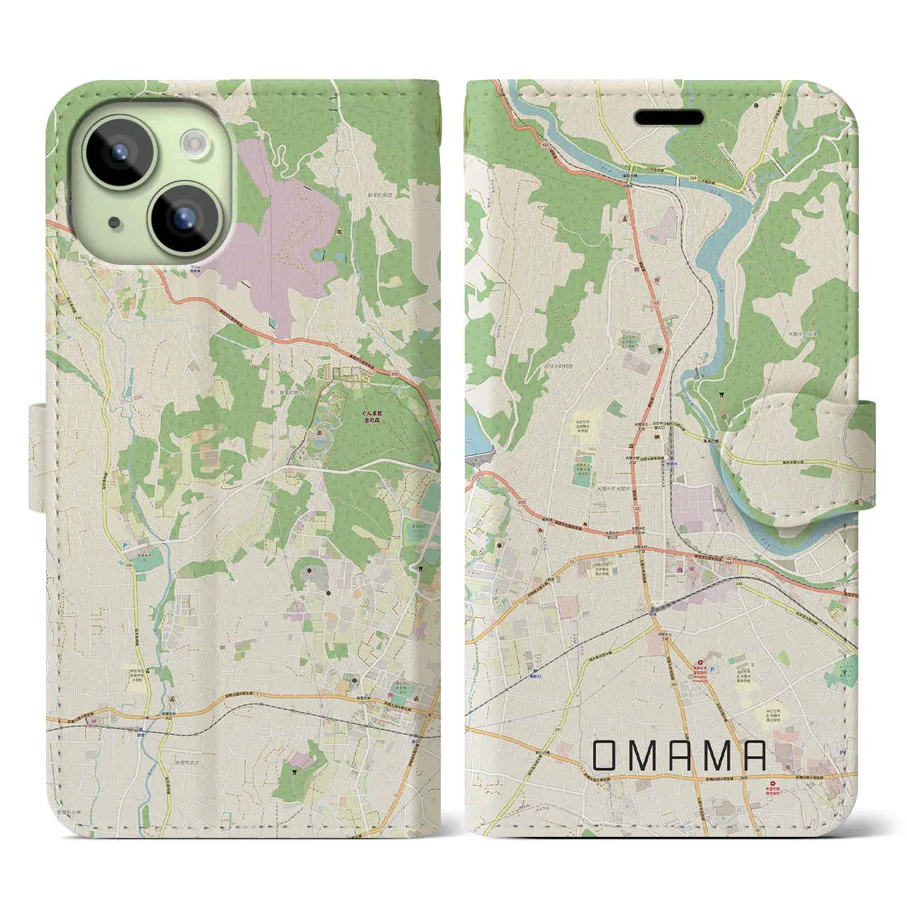 【大間々(群馬県)】地図柄iPhoneケース(手帳タイプ)ナチュラル・iPhone 15 用