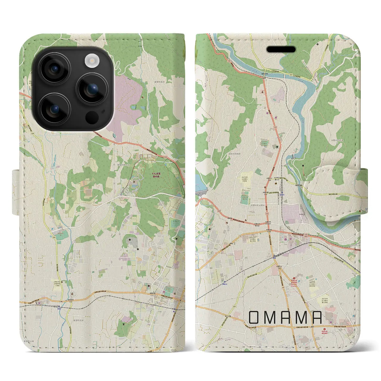 【大間々(群馬県)】地図柄iPhoneケース(手帳タイプ)ナチュラル・iPhone 16 用