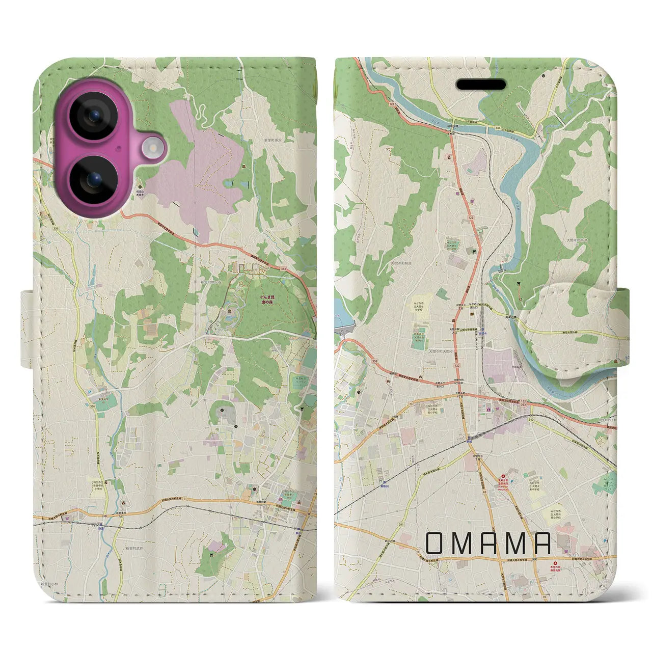 【大間々(群馬県)】地図柄iPhoneケース(手帳タイプ)ナチュラル・iPhone 16 Pro 用