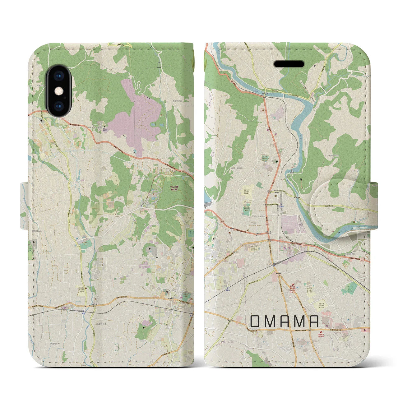 【大間々(群馬県)】地図柄iPhoneケース(手帳タイプ)ナチュラル・iPhone XS / X 用