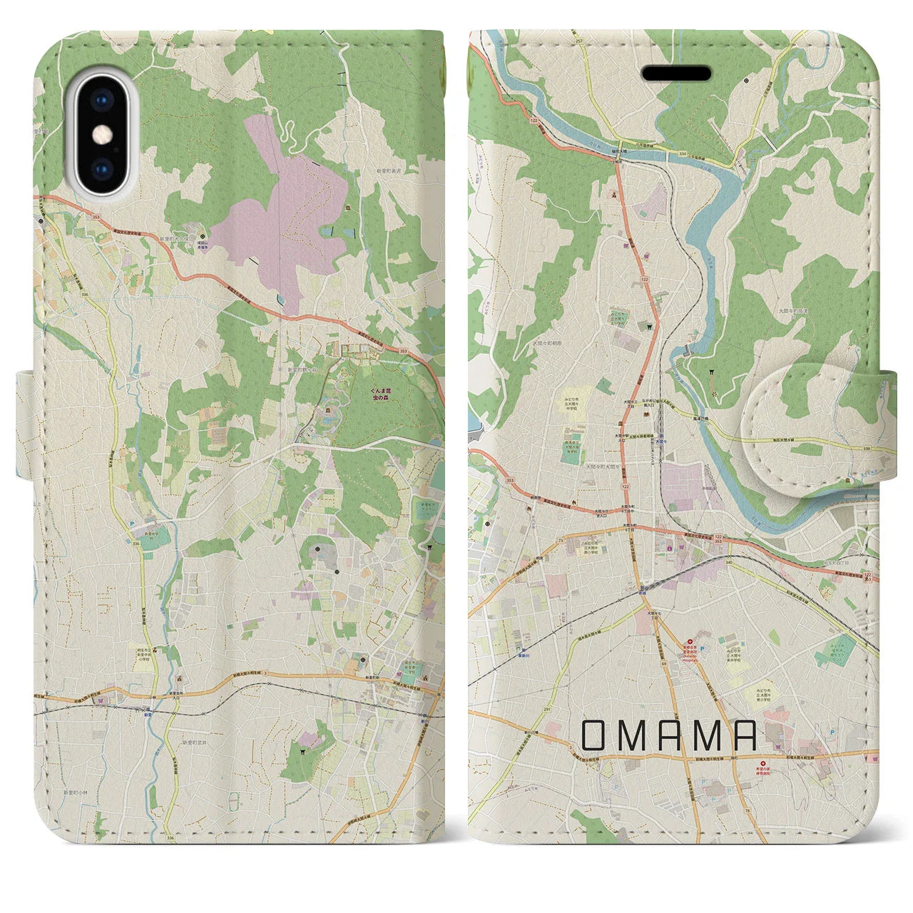 【大間々(群馬県)】地図柄iPhoneケース(手帳タイプ)ナチュラル・iPhone XS Max 用