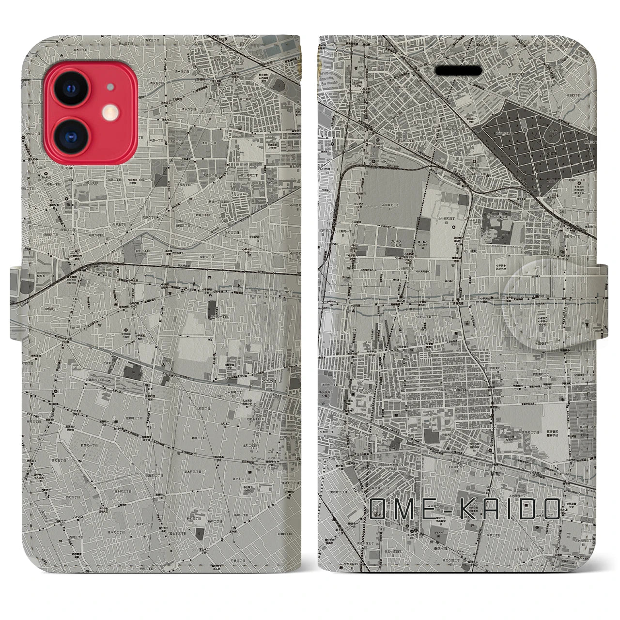【青梅街道(東京都)】地図柄iPhoneケース(手帳タイプ)モノトーン・iPhone 11 用