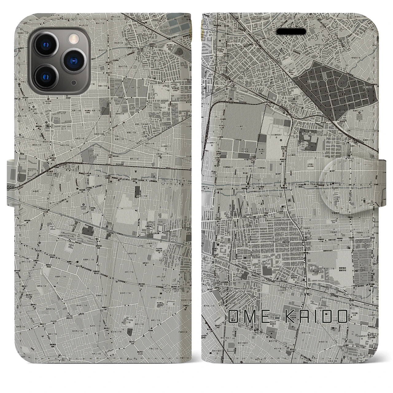【青梅街道(東京都)】地図柄iPhoneケース(手帳タイプ)モノトーン・iPhone 11 Pro Max 用