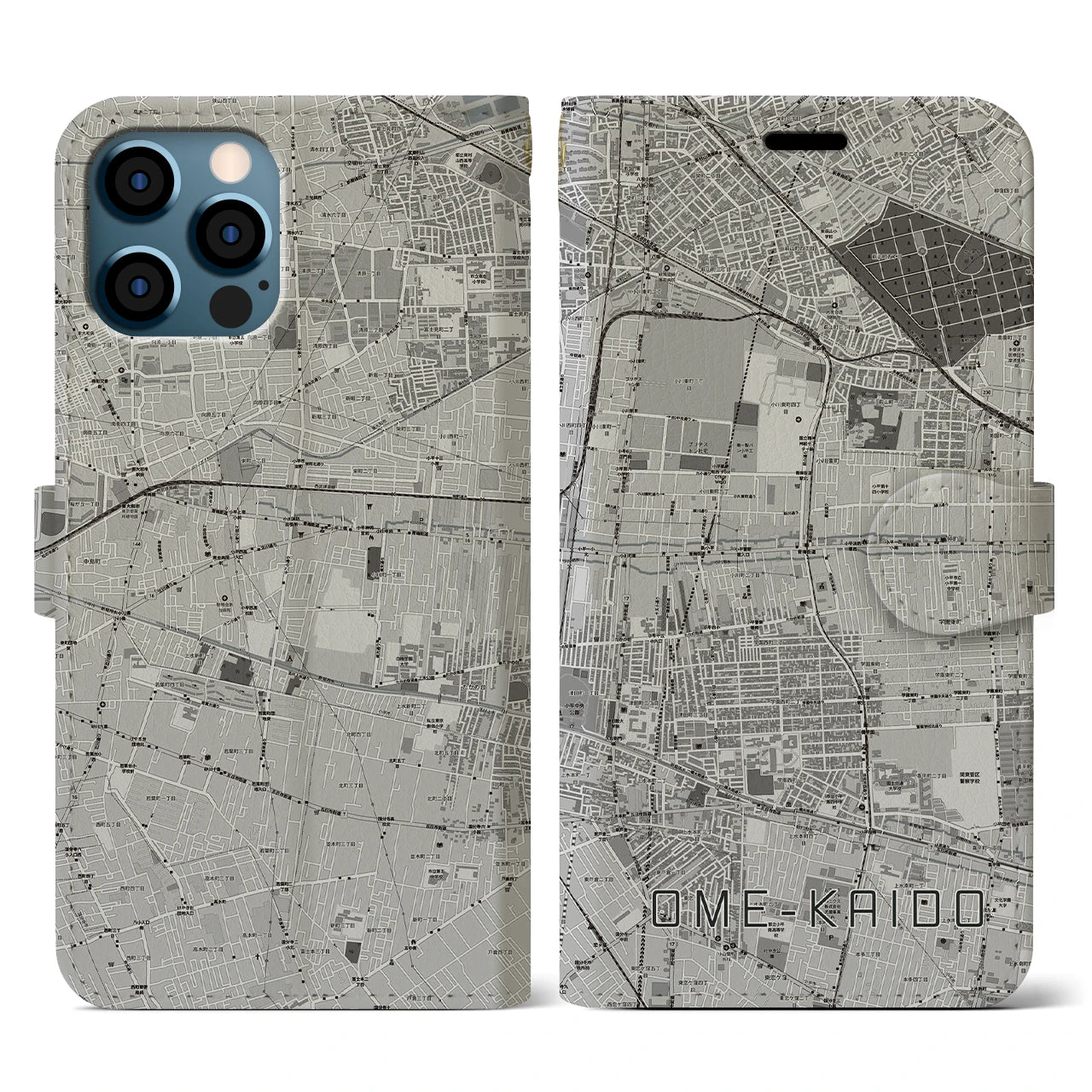 【青梅街道(東京都)】地図柄iPhoneケース(手帳タイプ)モノトーン・iPhone 12 / 12 Pro 用