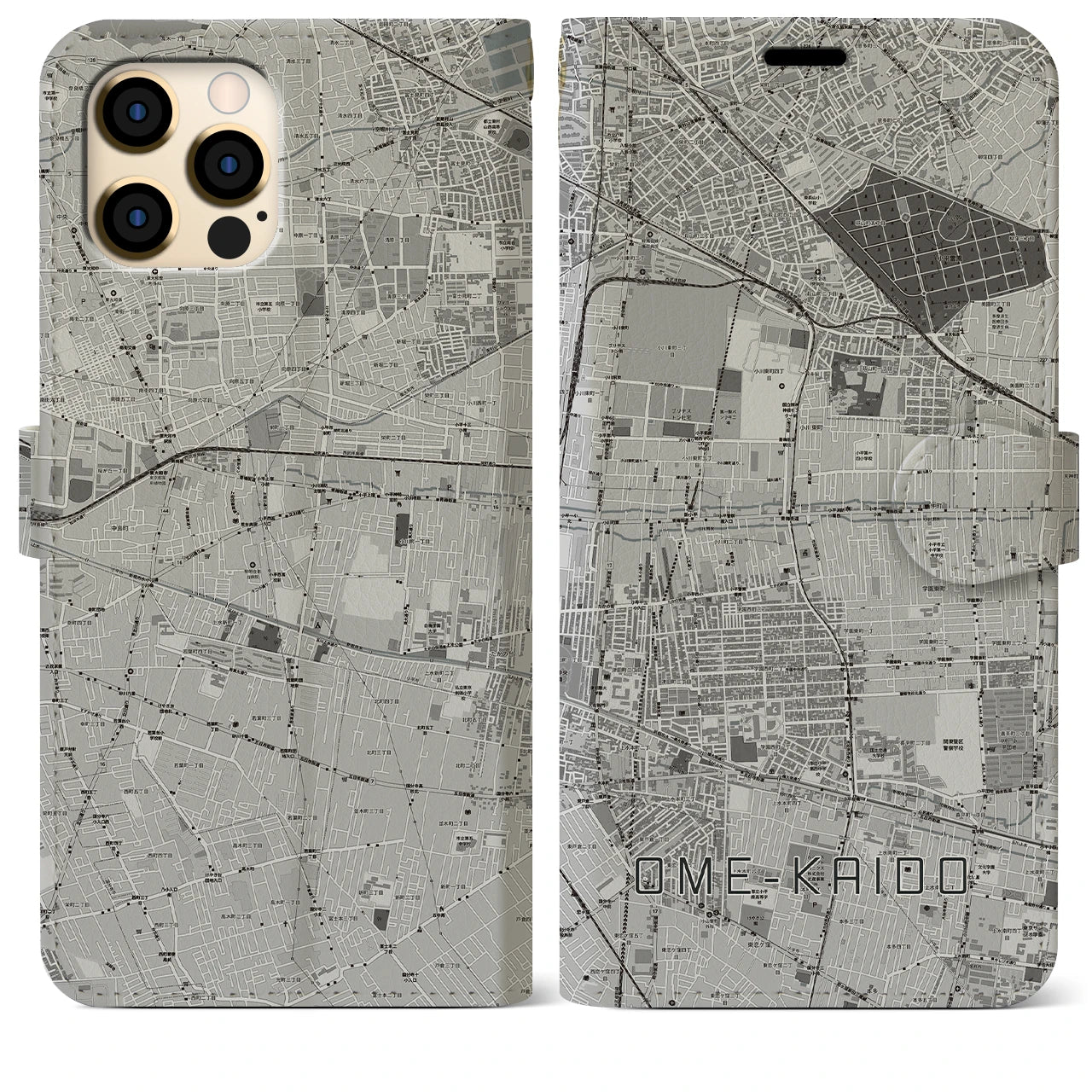 【青梅街道(東京都)】地図柄iPhoneケース(手帳タイプ)モノトーン・iPhone 12 Pro Max 用