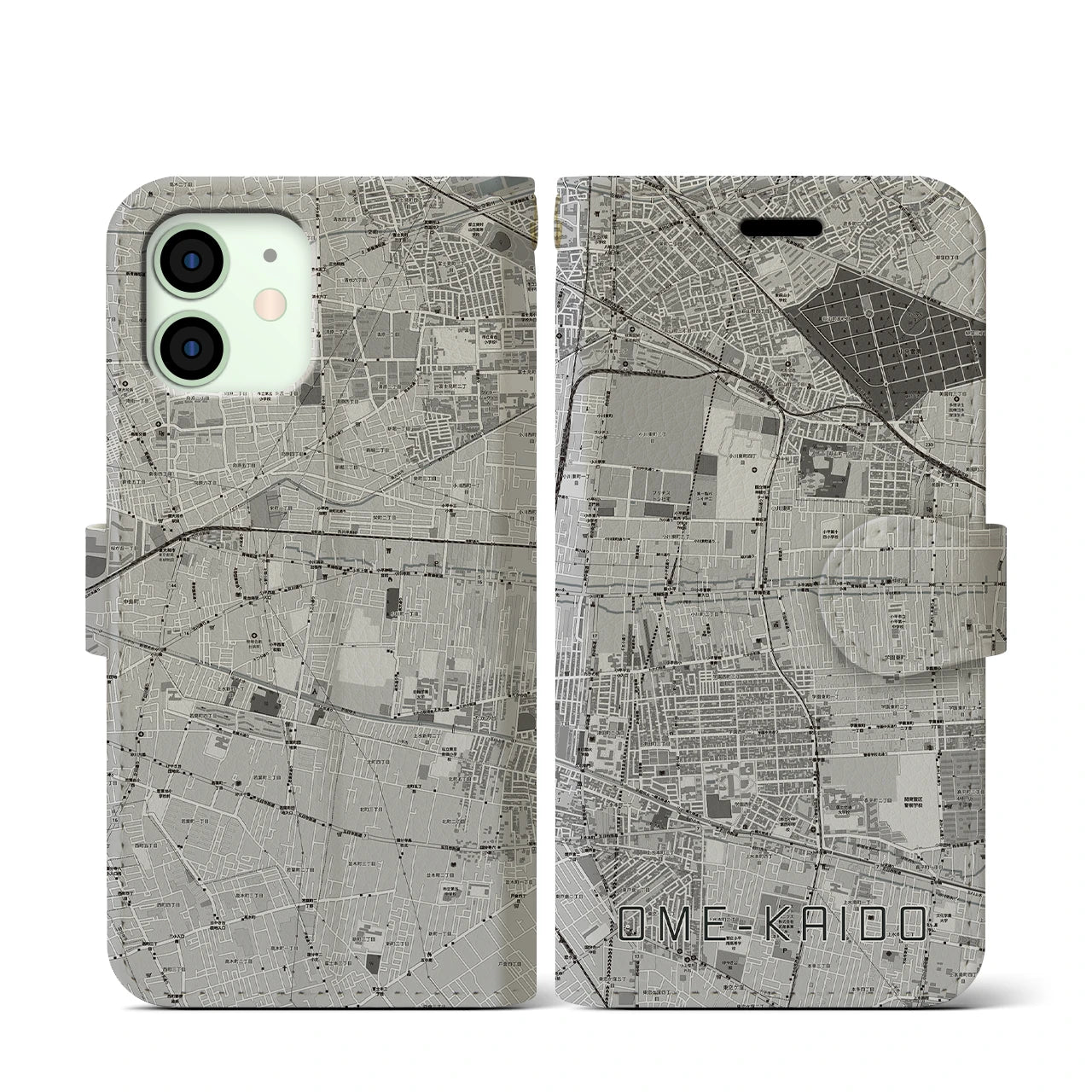 【青梅街道(東京都)】地図柄iPhoneケース(手帳タイプ)モノトーン・iPhone 12 mini 用