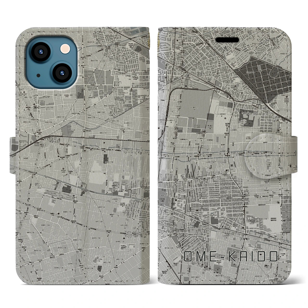 【青梅街道(東京都)】地図柄iPhoneケース(手帳タイプ)モノトーン・iPhone 13 用