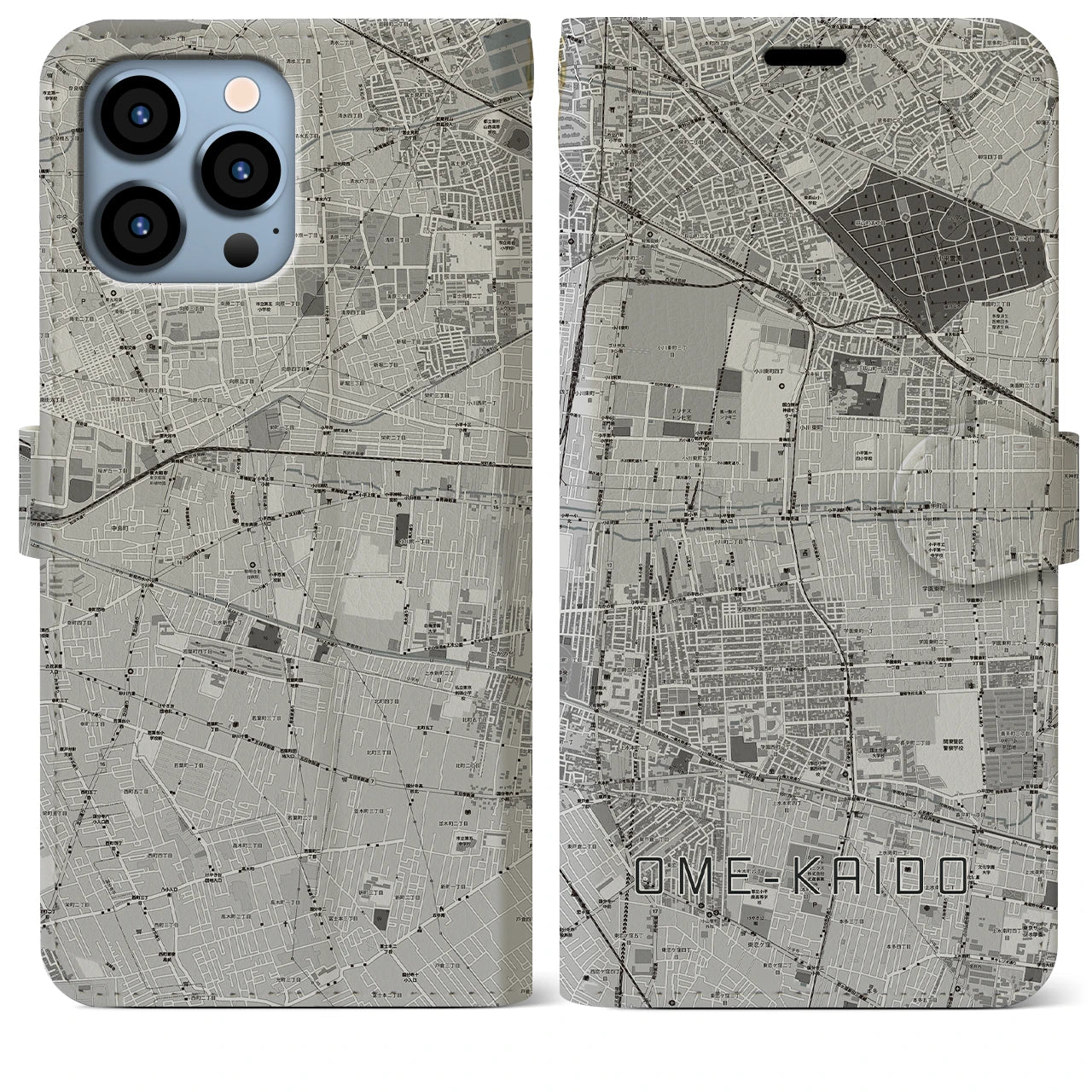 【青梅街道(東京都)】地図柄iPhoneケース(手帳タイプ)モノトーン・iPhone 13 Pro Max 用