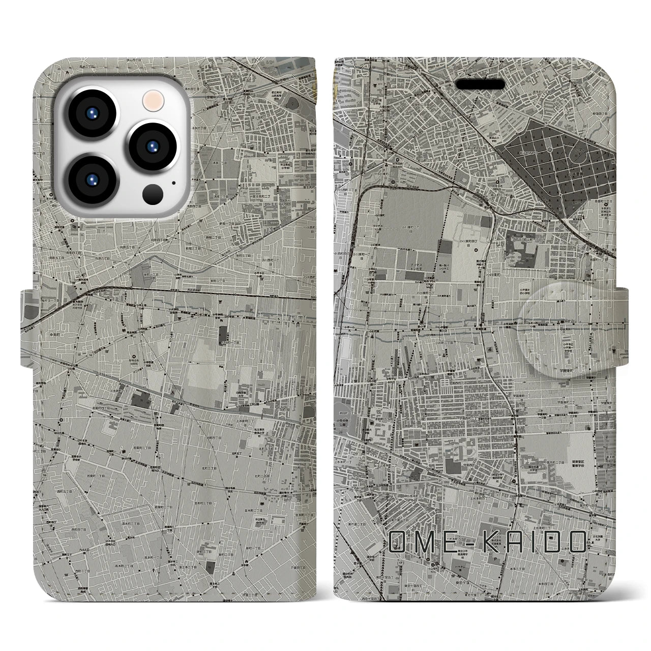 【青梅街道(東京都)】地図柄iPhoneケース(手帳タイプ)モノトーン・iPhone 13 Pro 用