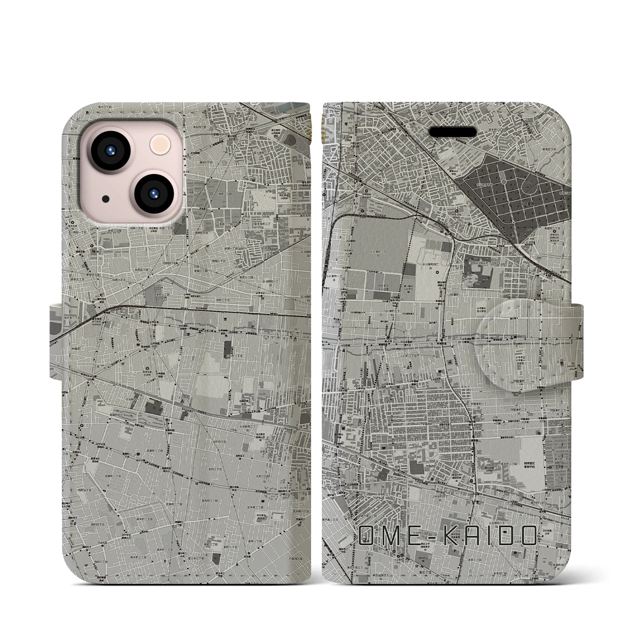 【青梅街道(東京都)】地図柄iPhoneケース(手帳タイプ)モノトーン・iPhone 13 mini 用