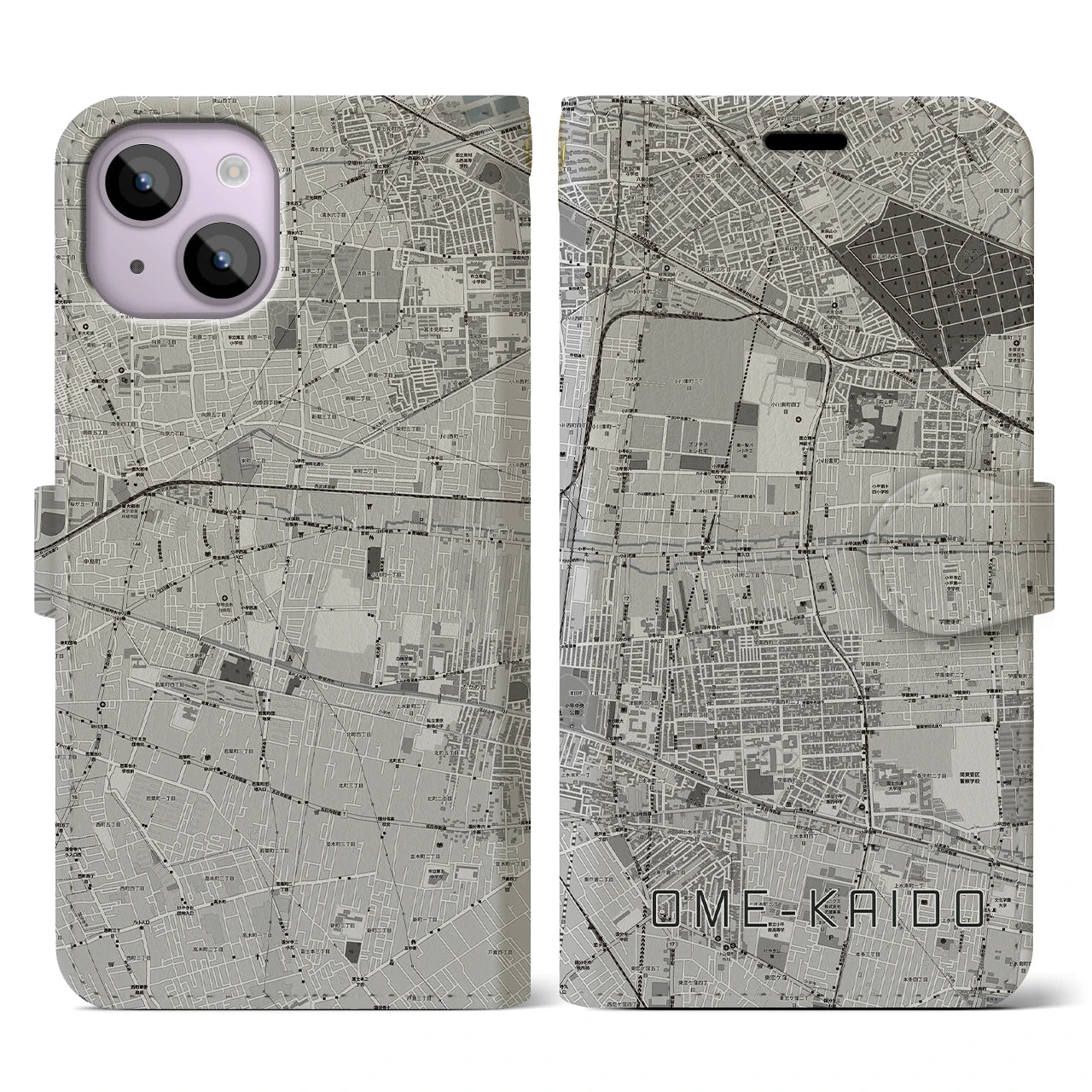 【青梅街道(東京都)】地図柄iPhoneケース(手帳タイプ)モノトーン・iPhone 14 用