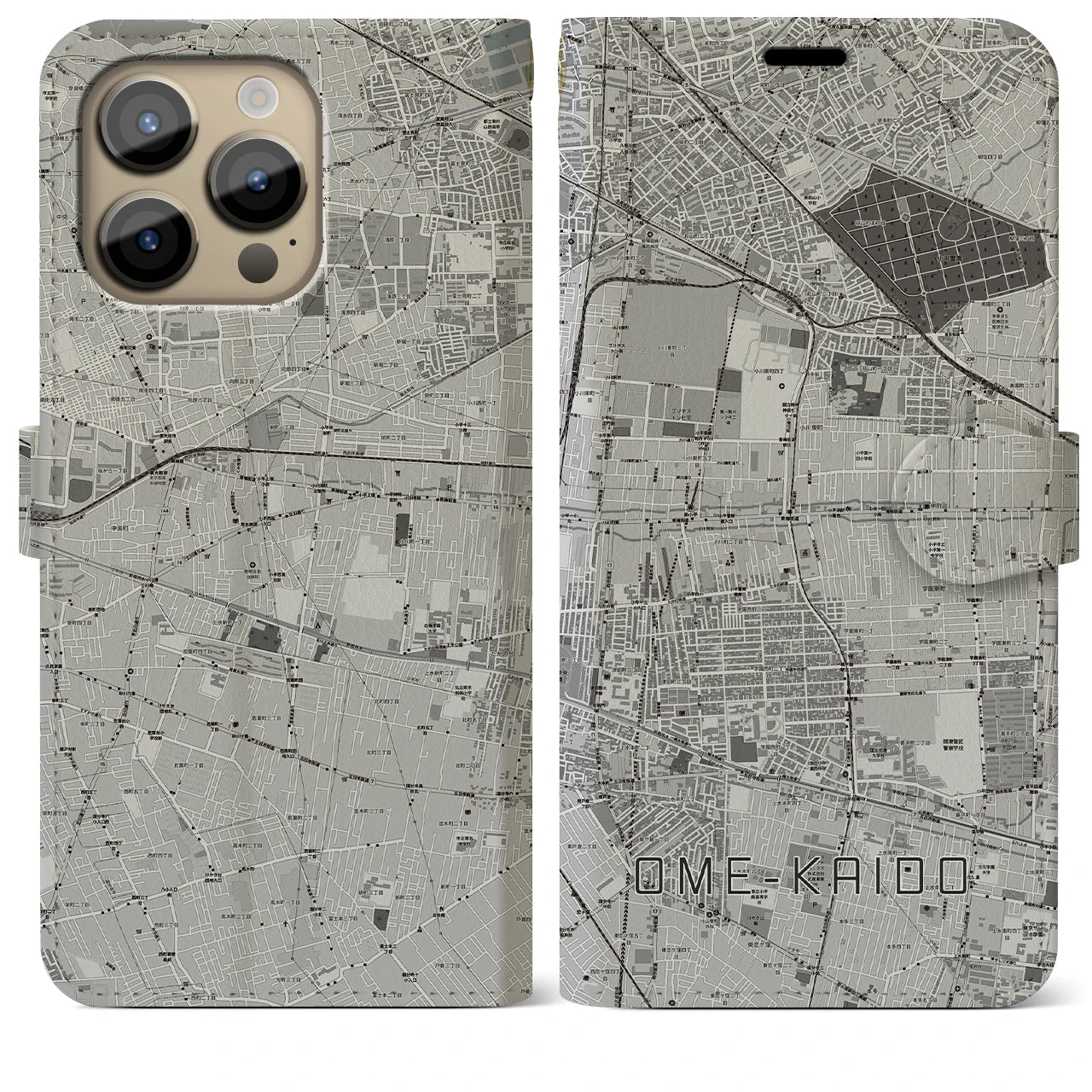 【青梅街道(東京都)】地図柄iPhoneケース(手帳タイプ)モノトーン・iPhone 14 Pro Max 用