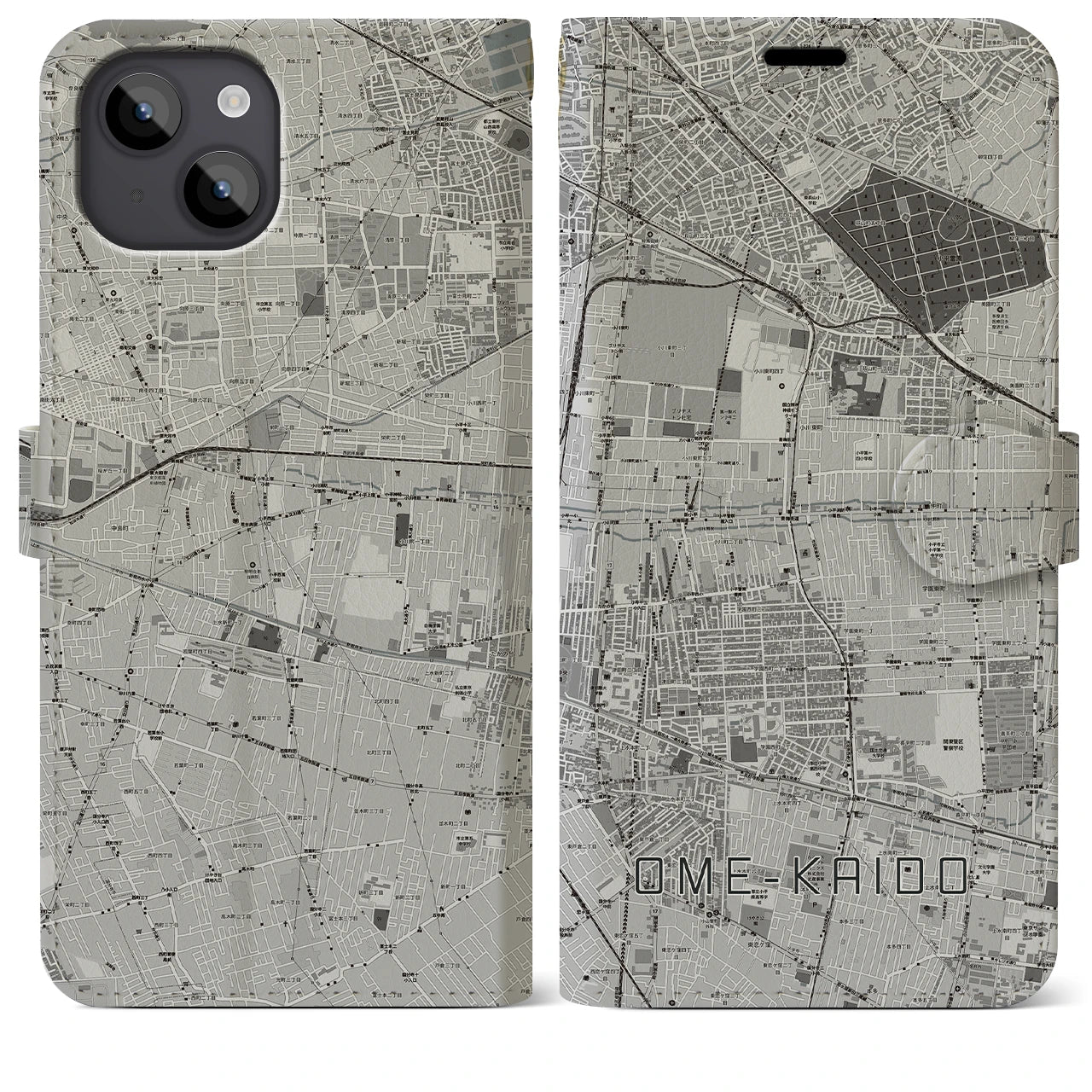 【青梅街道(東京都)】地図柄iPhoneケース(手帳タイプ)モノトーン・iPhone 14 Plus 用