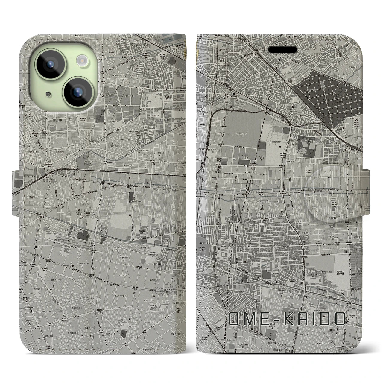 【青梅街道(東京都)】地図柄iPhoneケース(手帳タイプ)モノトーン・iPhone 15 用