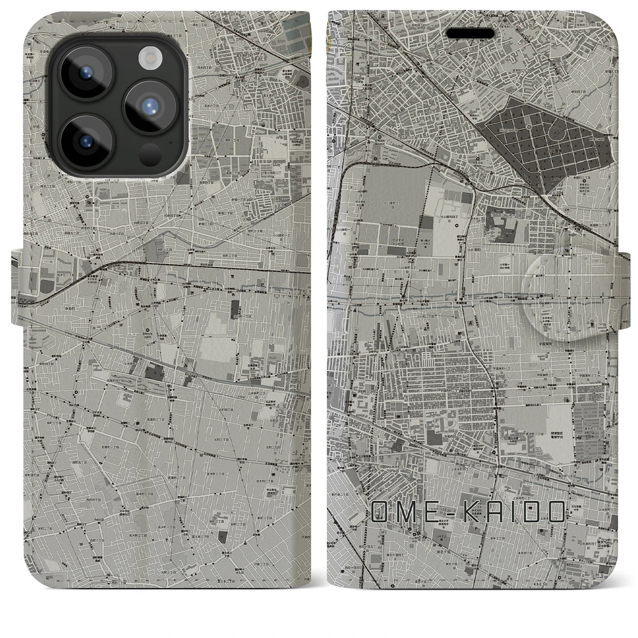 【青梅街道(東京都)】地図柄iPhoneケース(手帳タイプ)モノトーン・iPhone 15 Pro Max 用