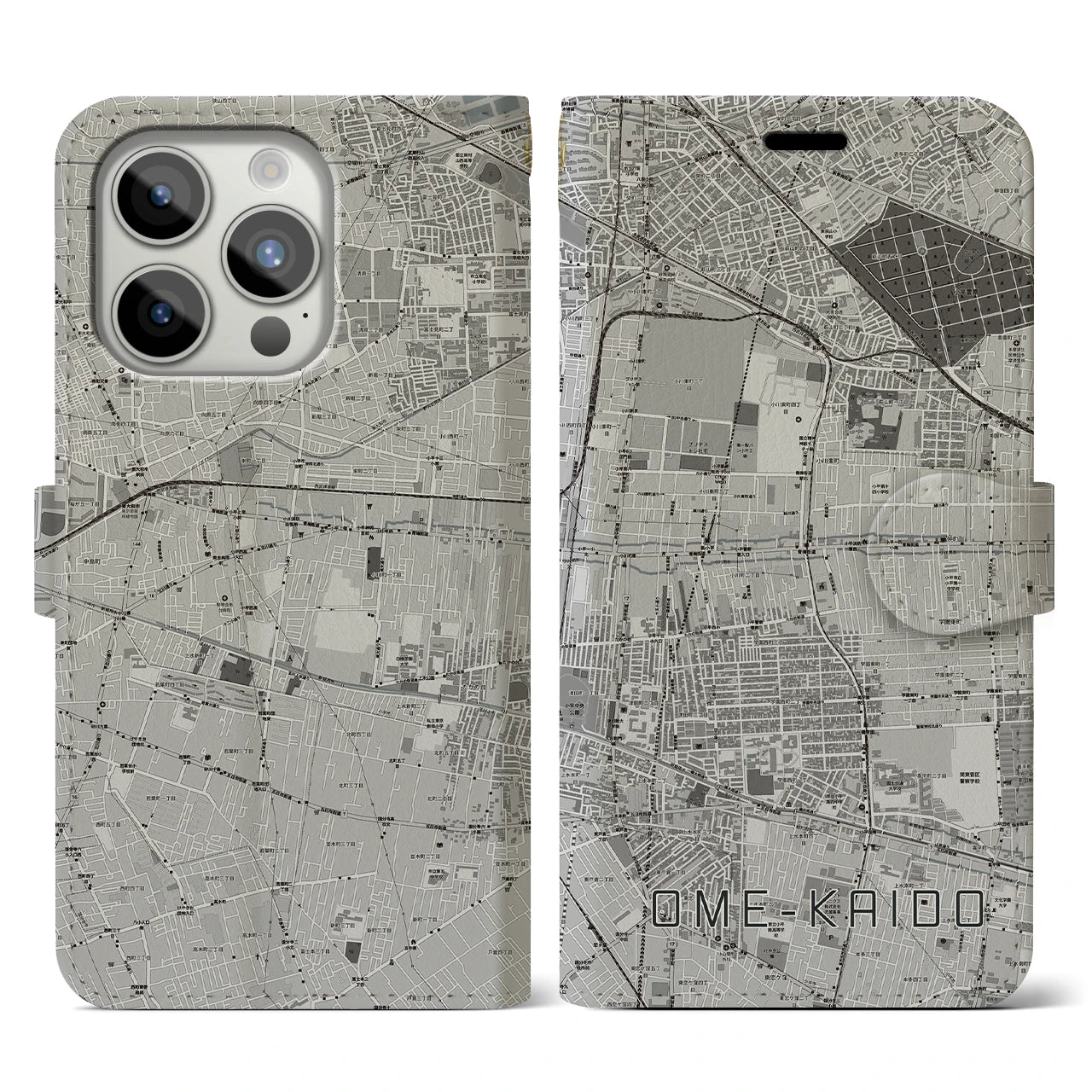 【青梅街道(東京都)】地図柄iPhoneケース(手帳タイプ)モノトーン・iPhone 15 Pro 用