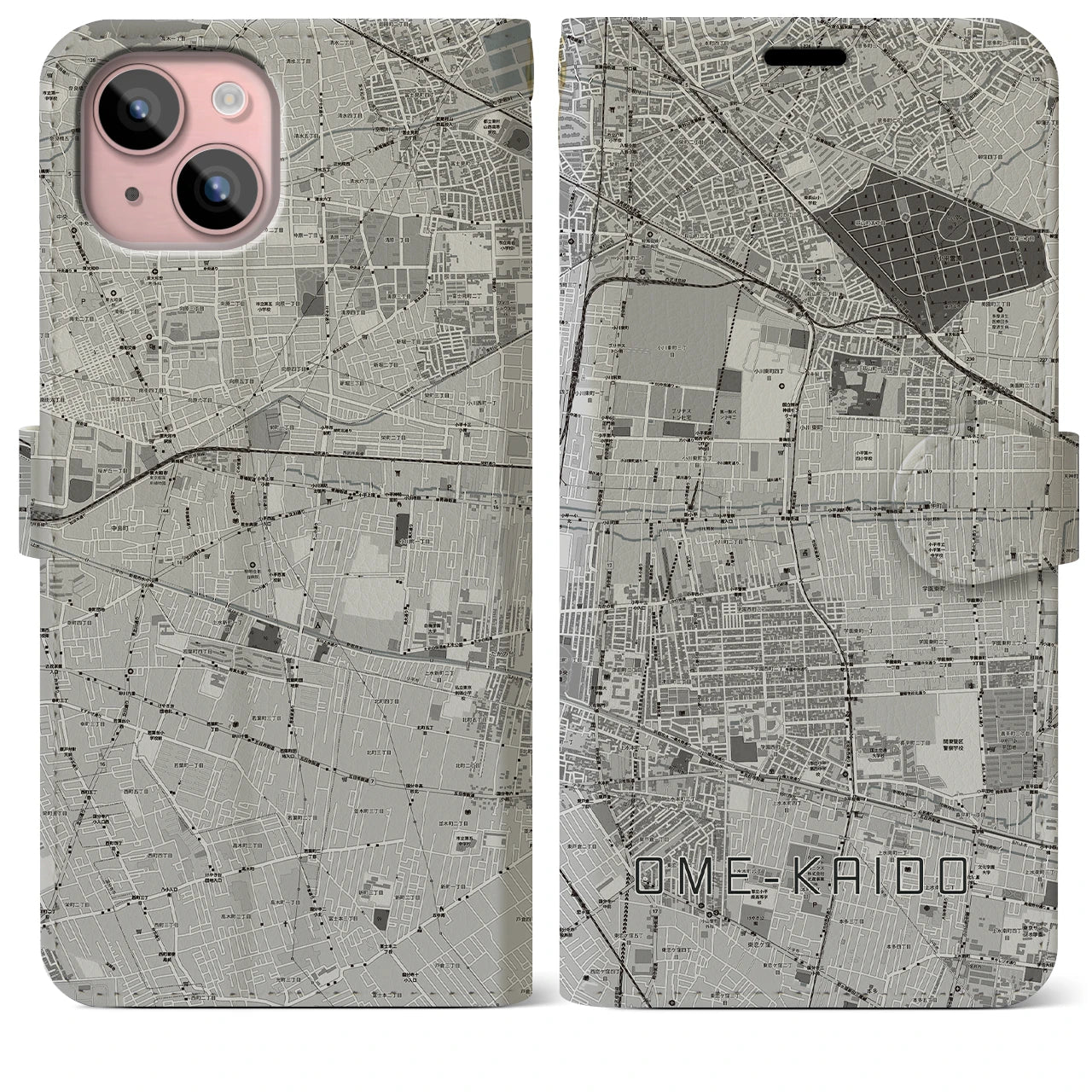 【青梅街道(東京都)】地図柄iPhoneケース(手帳タイプ)モノトーン・iPhone 15 Plus 用