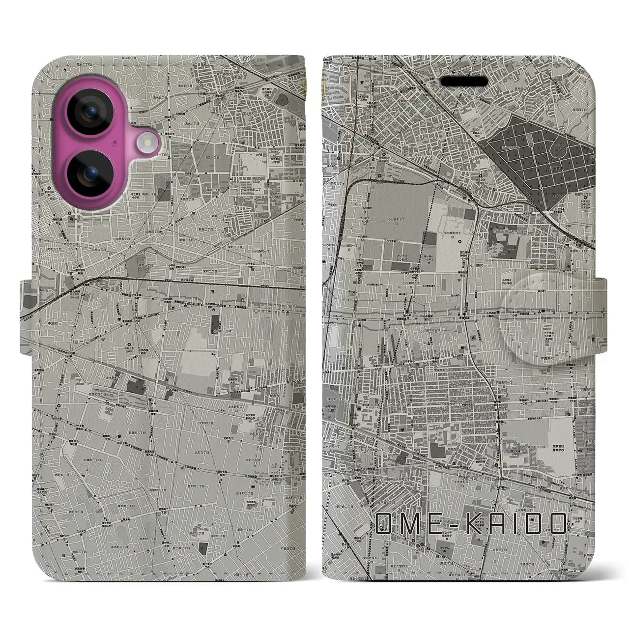 【青梅街道(東京都)】地図柄iPhoneケース(手帳タイプ)モノトーン・iPhone 16 Pro 用