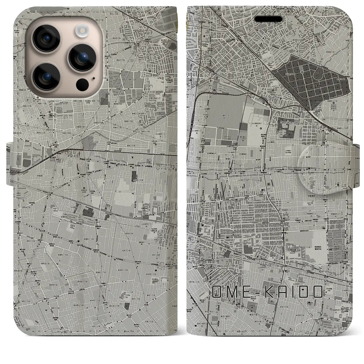 【青梅街道(東京都)】地図柄iPhoneケース(手帳タイプ)モノトーン・iPhone 16 Plus 用