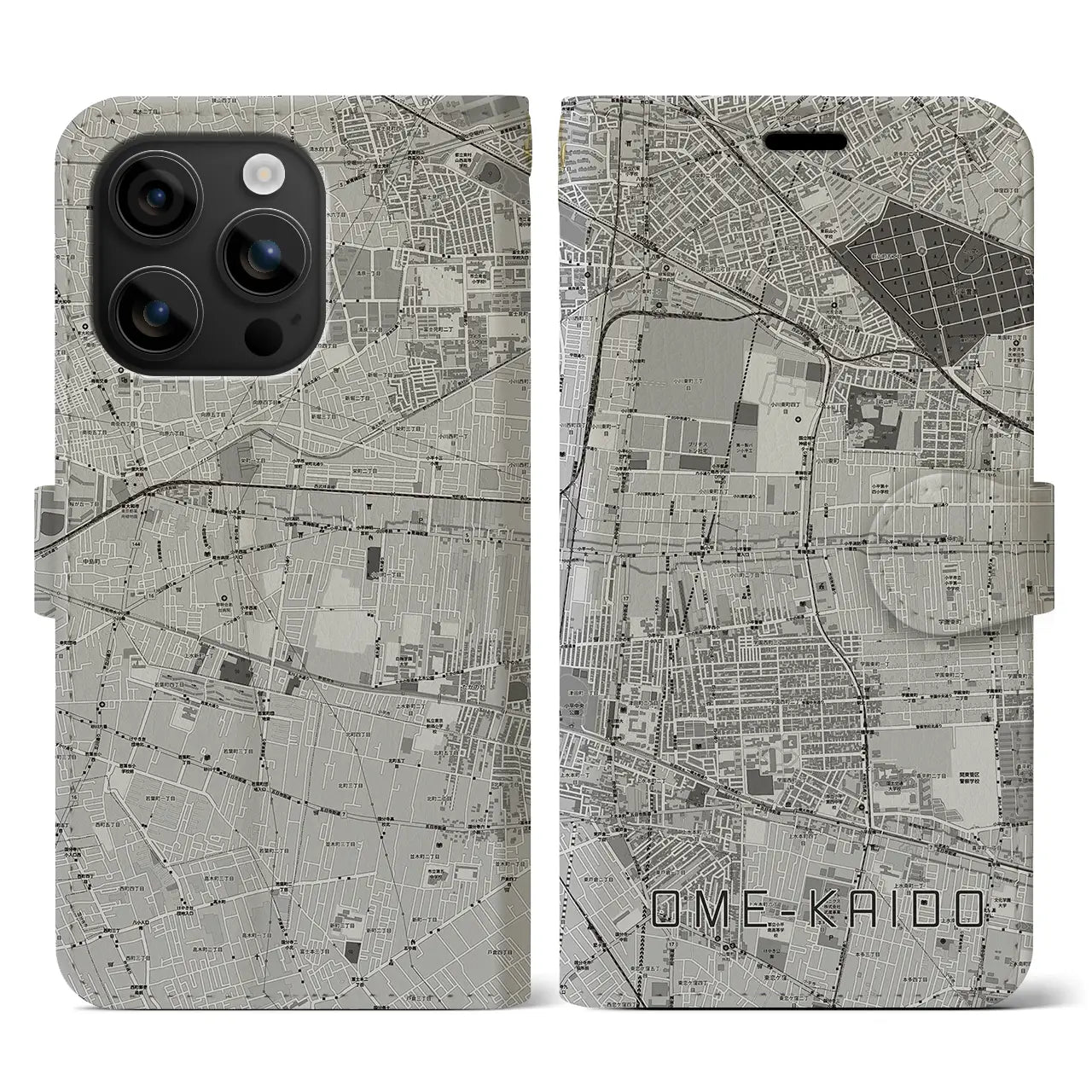 【青梅街道(東京都)】地図柄iPhoneケース(手帳タイプ)モノトーン・iPhone 16 用