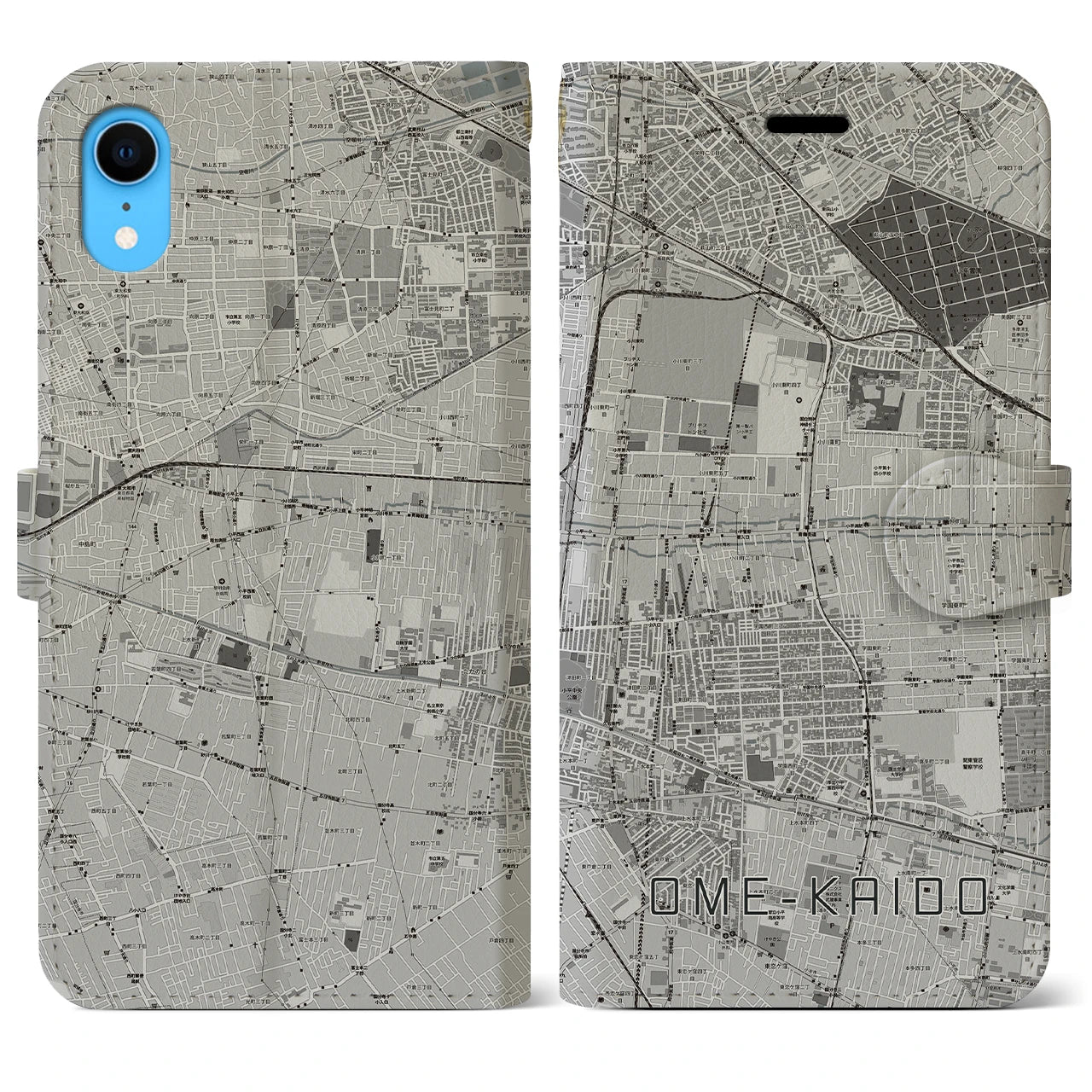 【青梅街道(東京都)】地図柄iPhoneケース(手帳タイプ)モノトーン・iPhone XR 用