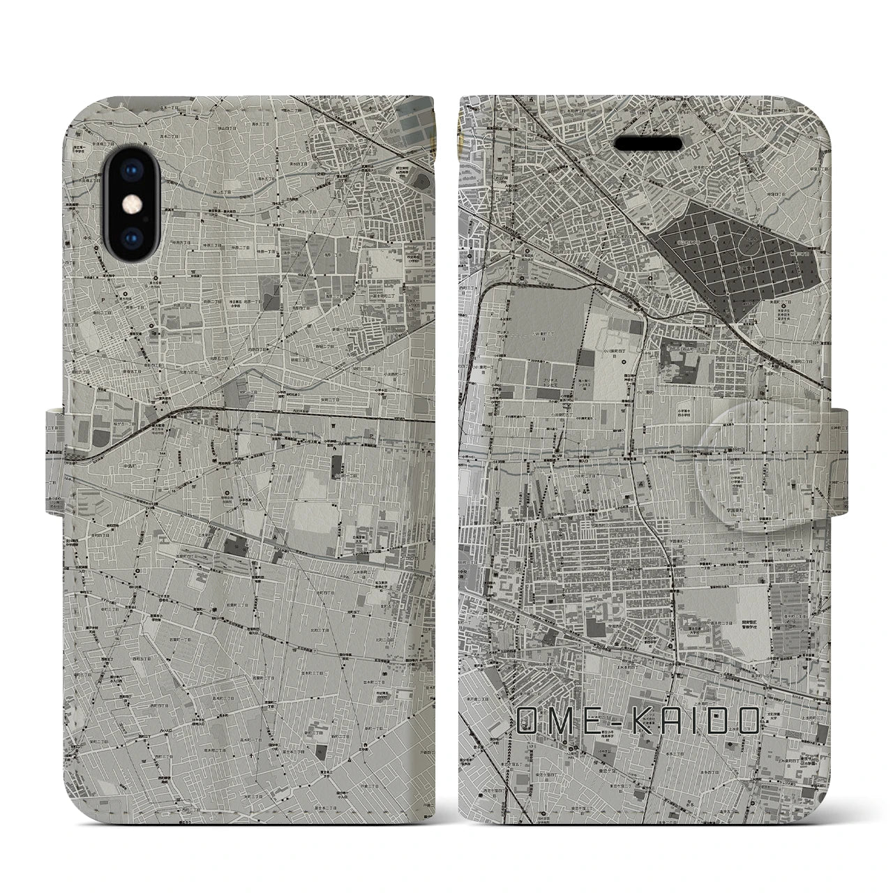 【青梅街道(東京都)】地図柄iPhoneケース(手帳タイプ)モノトーン・iPhone XS / X 用