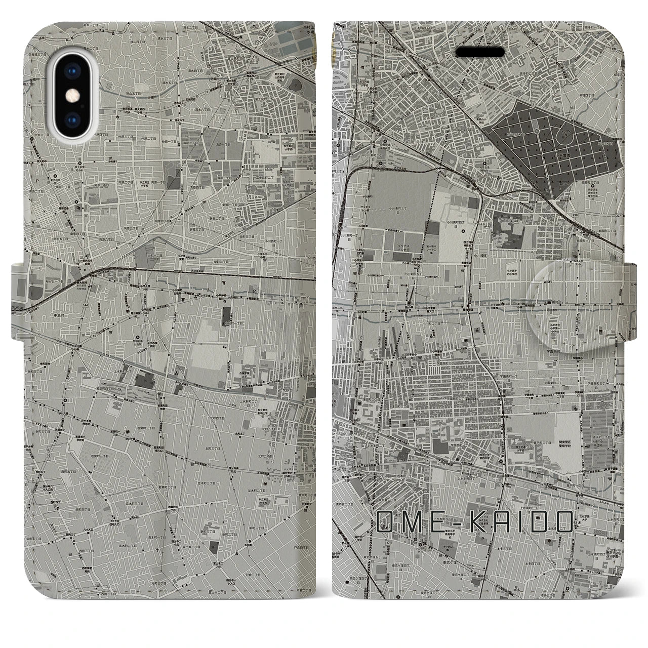 【青梅街道(東京都)】地図柄iPhoneケース(手帳タイプ)モノトーン・iPhone XS Max 用